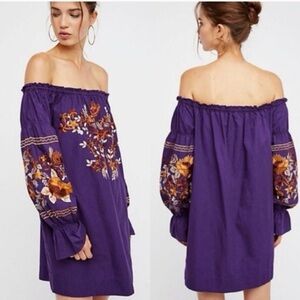 FREE PEOPLE Fleur Du Jour Embroidered Purple Dress Off-Shoulder Floral BOHO L